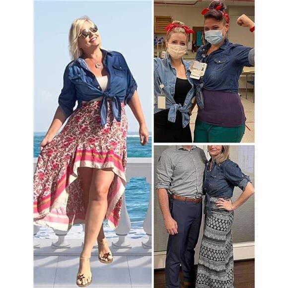 Women's Denim Crop Top Roll Up 3/4 Sleeve Shirt Tie Front Knot Chambra - Picture 5 of 7